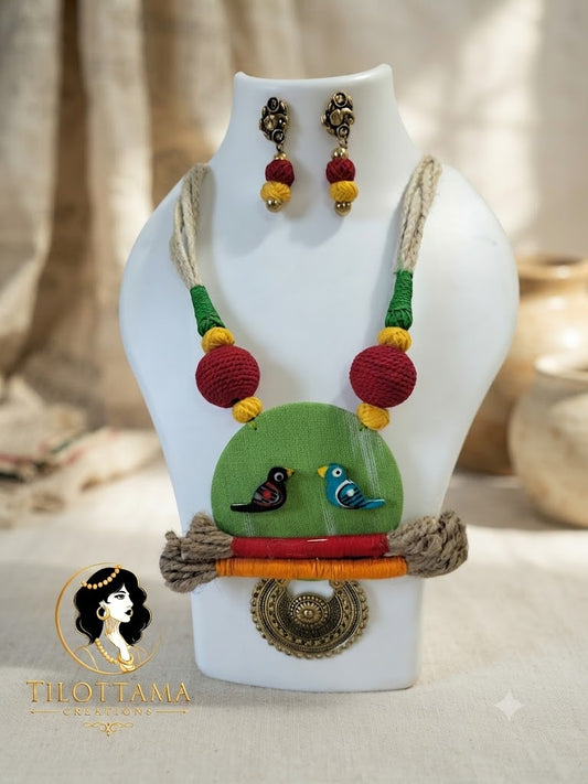The 'Madhuban Songbird' Handcrafted Jute & Fabric Necklace