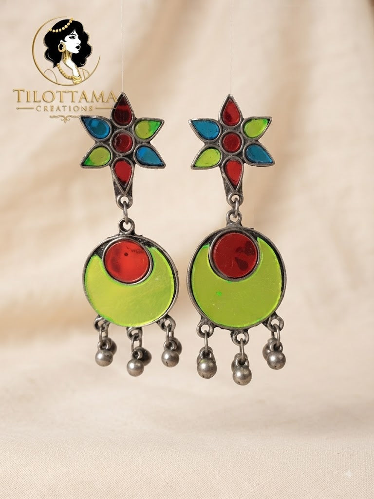 Colorful Petal & Disc Silver Dangle Earrings
