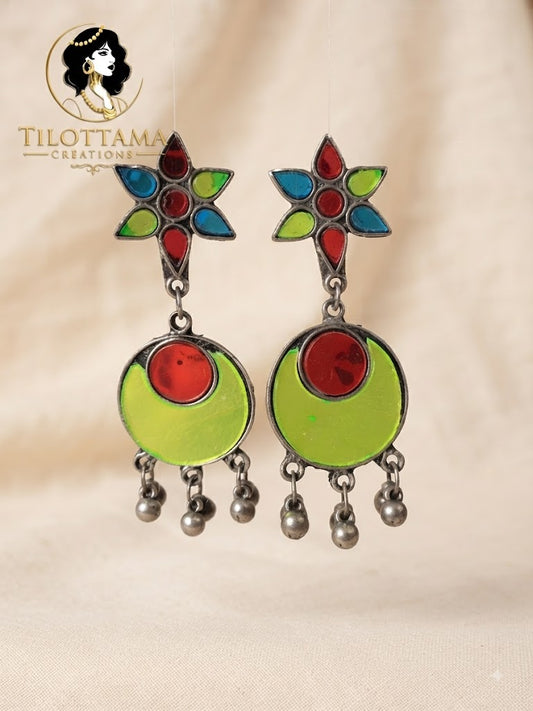Colorful Petal & Disc Silver Dangle Earrings