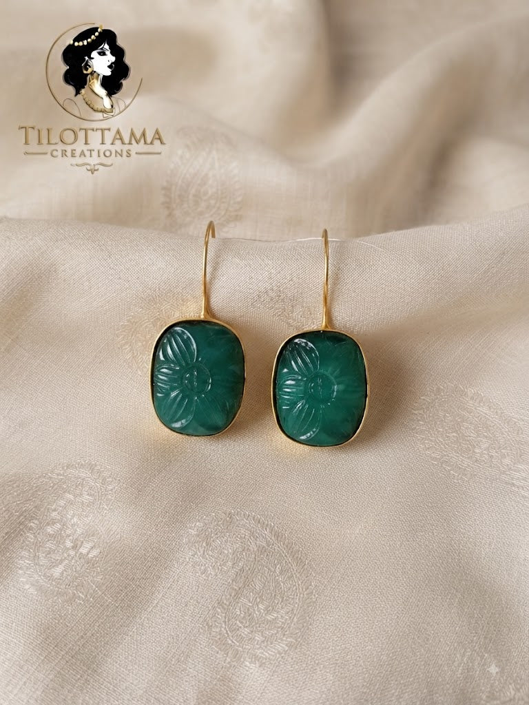 Emerald Bloom Carved Glass Gold-Rimmed Earrings