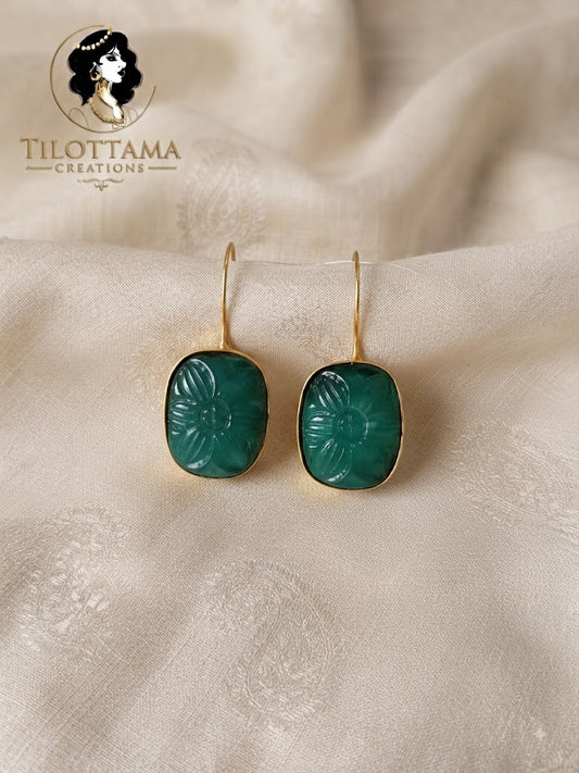 Emerald Bloom Carved Glass Gold-Rimmed Earrings
