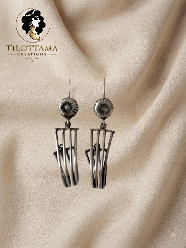 Oxidized Silver Tribal Cage Drop Earrings