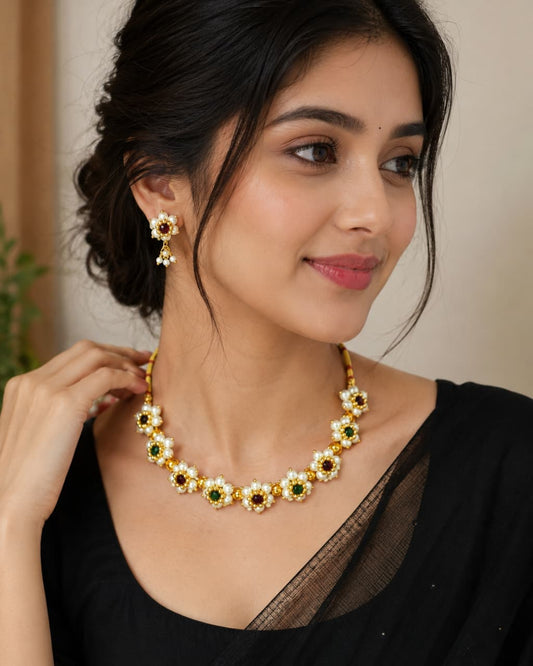 Navratna Pearl Floral Necklace Set