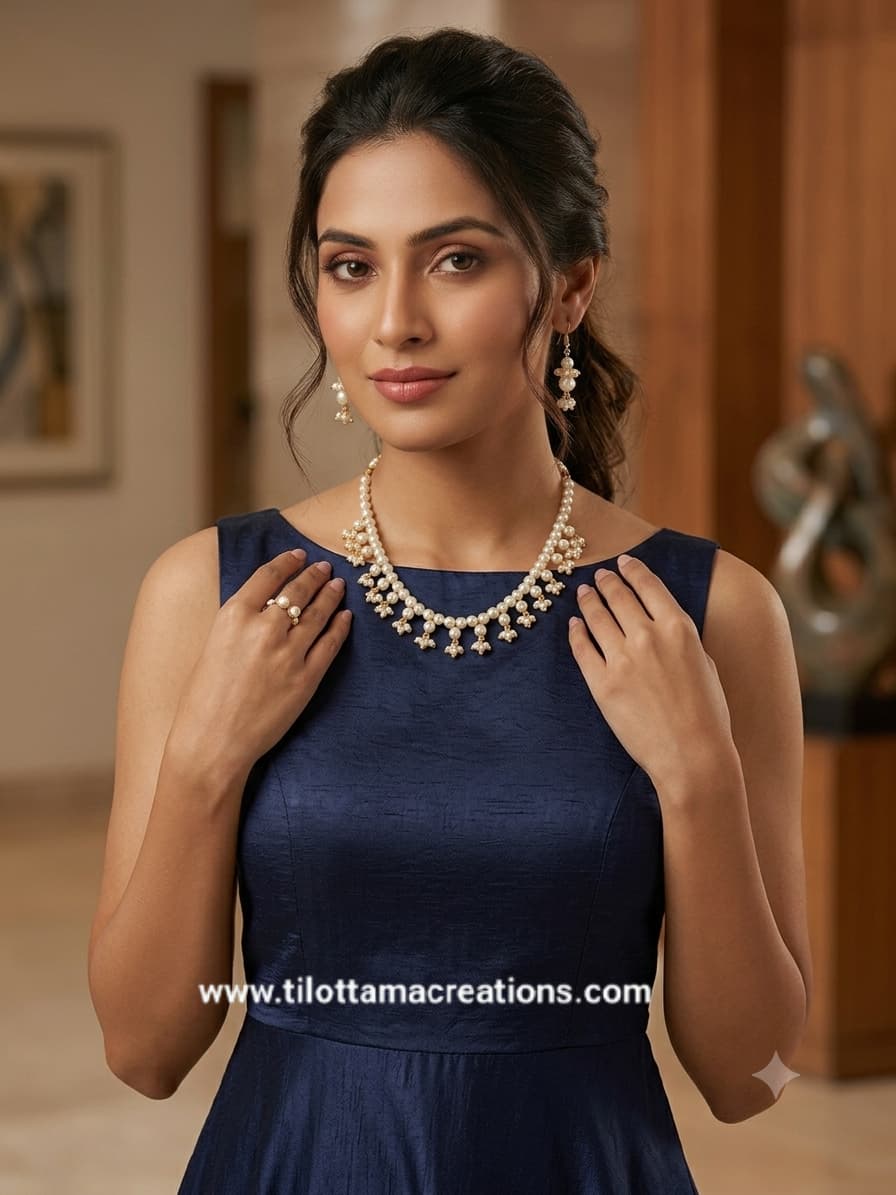 Cascading Pearl Cluster Necklace Set