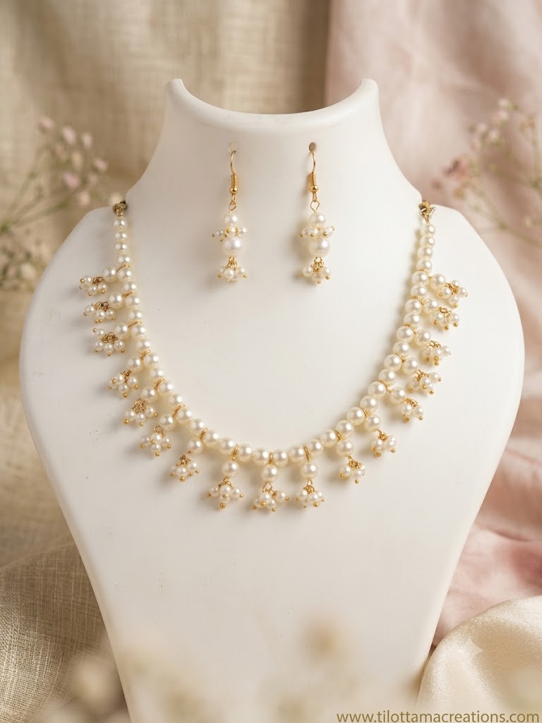 Cascading Pearl Cluster Necklace Set