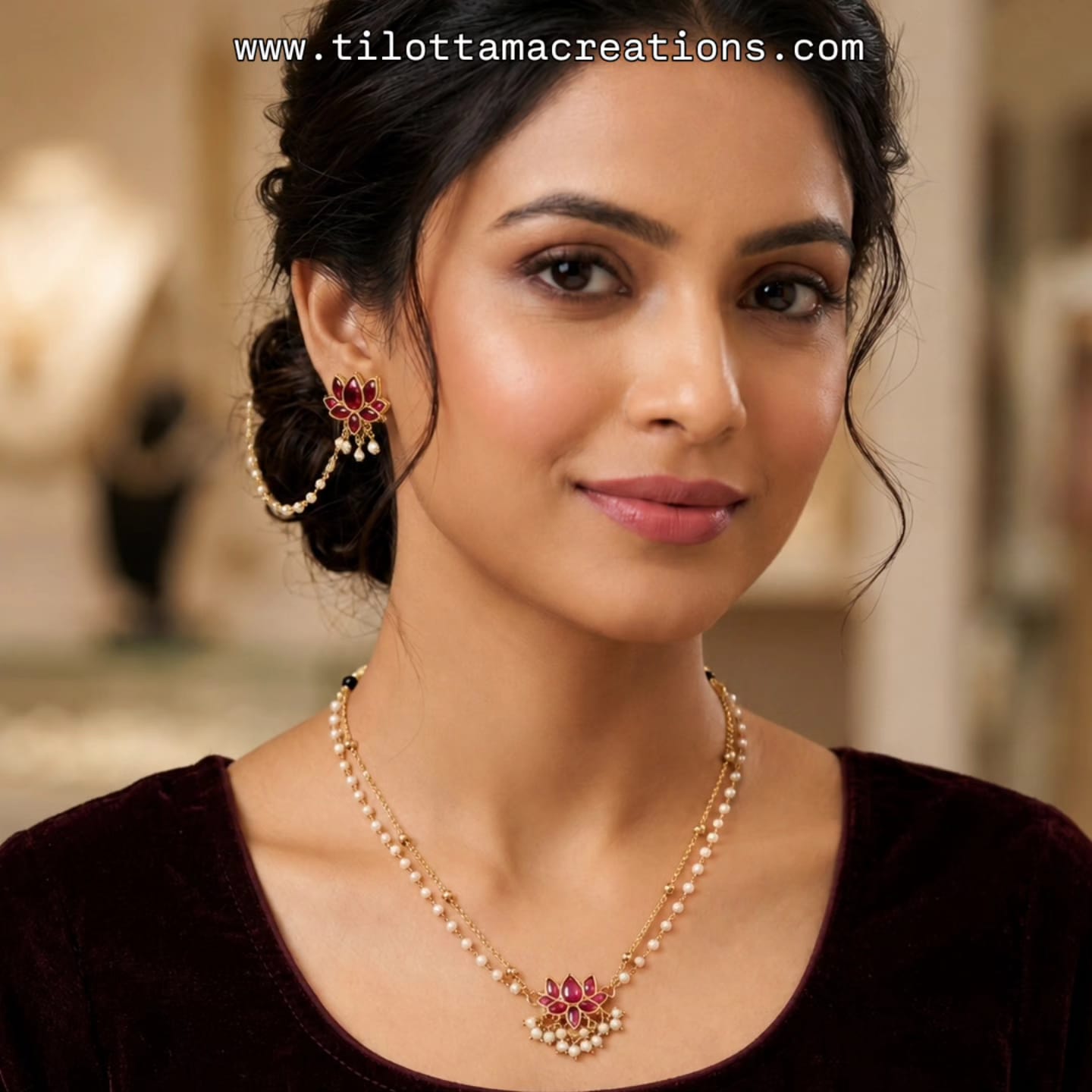 Ruby Lotus Pearl Pendant Set