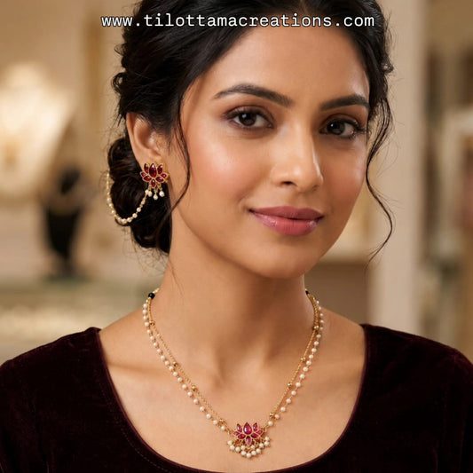 Ruby Lotus Pearl Pendant Set