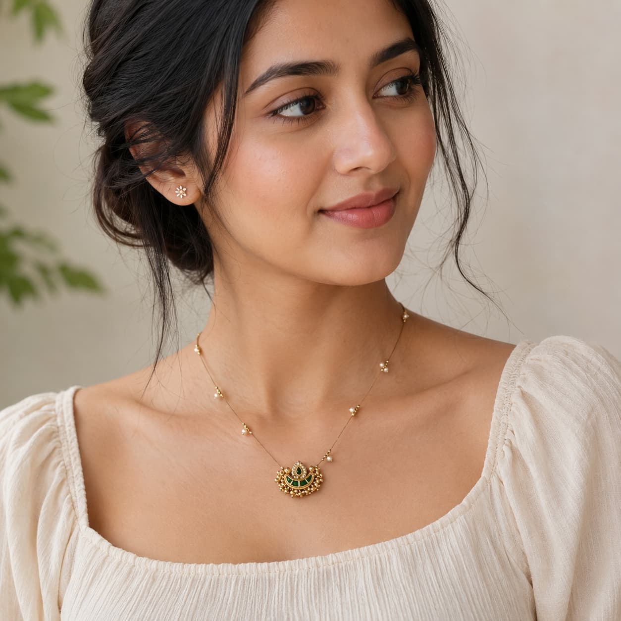 Emerald Chandbali Pearl Chain Pendant
