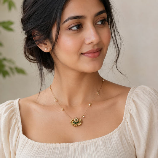 Emerald Chandbali Pearl Chain Pendant