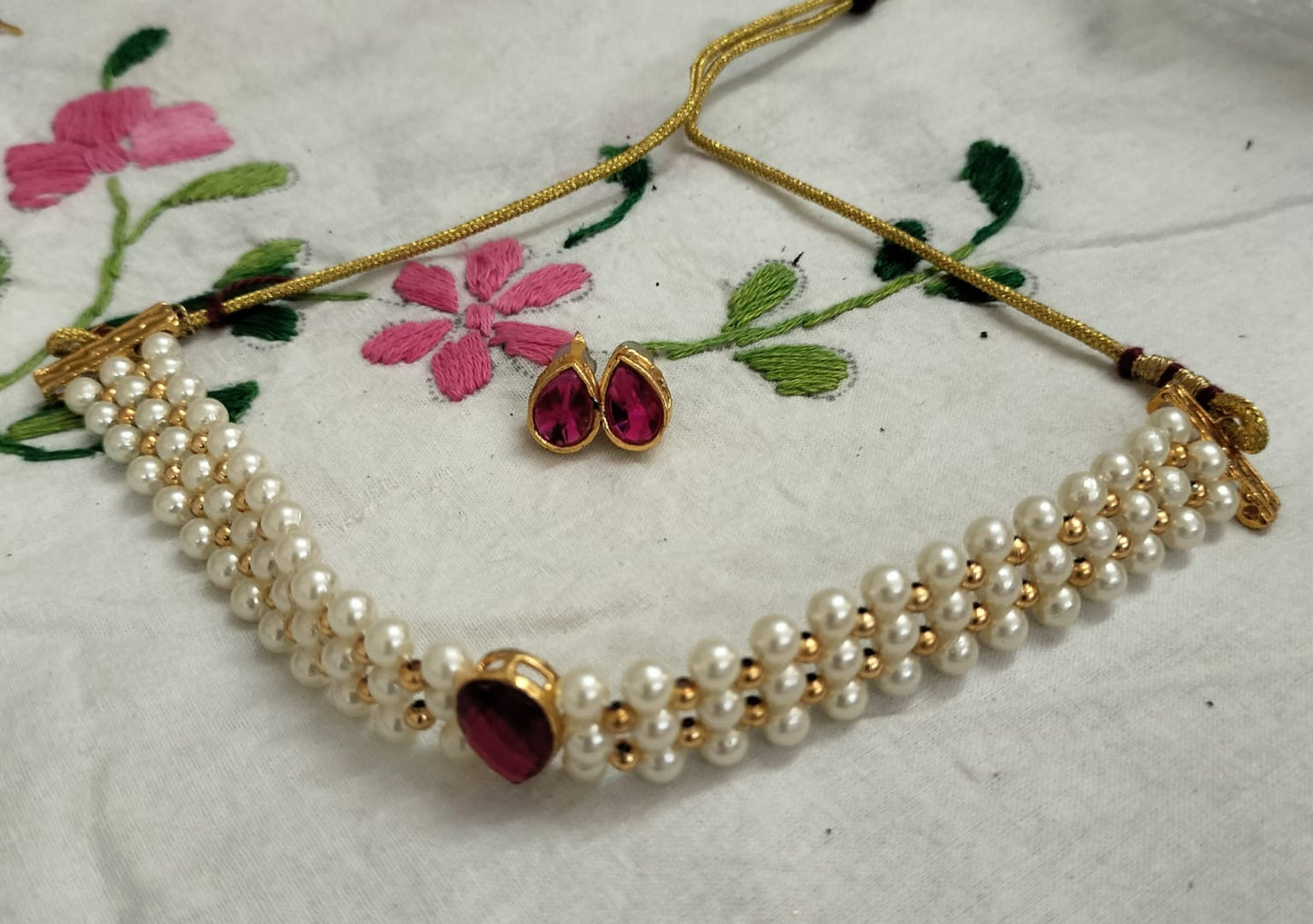 The Ruby and Pearl Blossom Choker Set