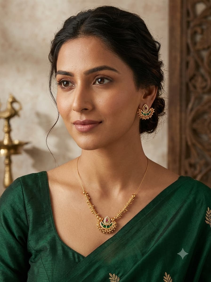 Golden Chandbali & Emerald Bead Necklace Set