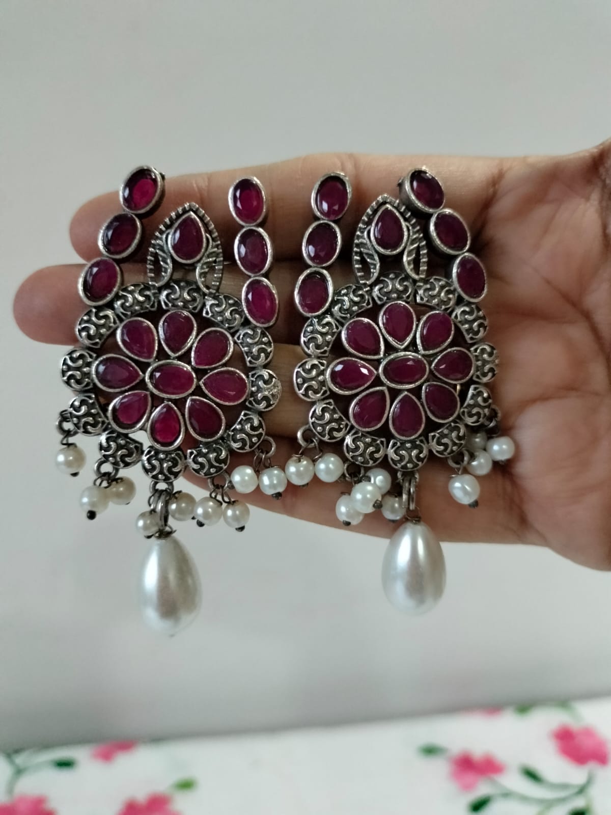Ruby-Red Floral Chandbali Earrings