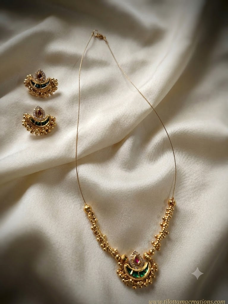 Golden Chandbali & Emerald Bead Necklace Set