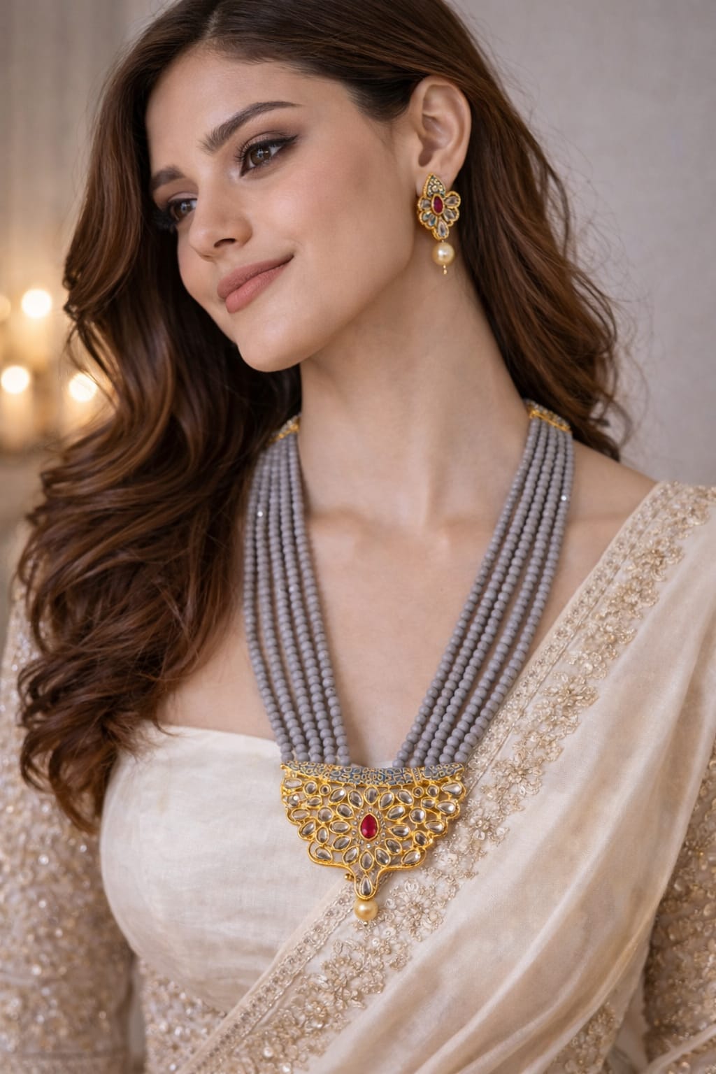 Regal Kundan & Grey Bead Multi-Strand Set