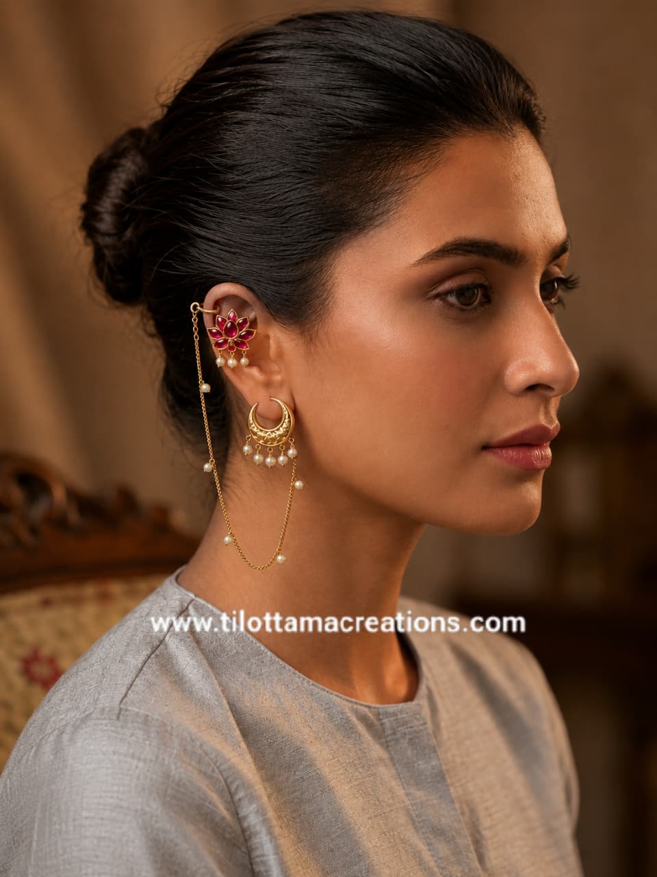 Ruby Lotus Moonbeam Hair Chain Earrings