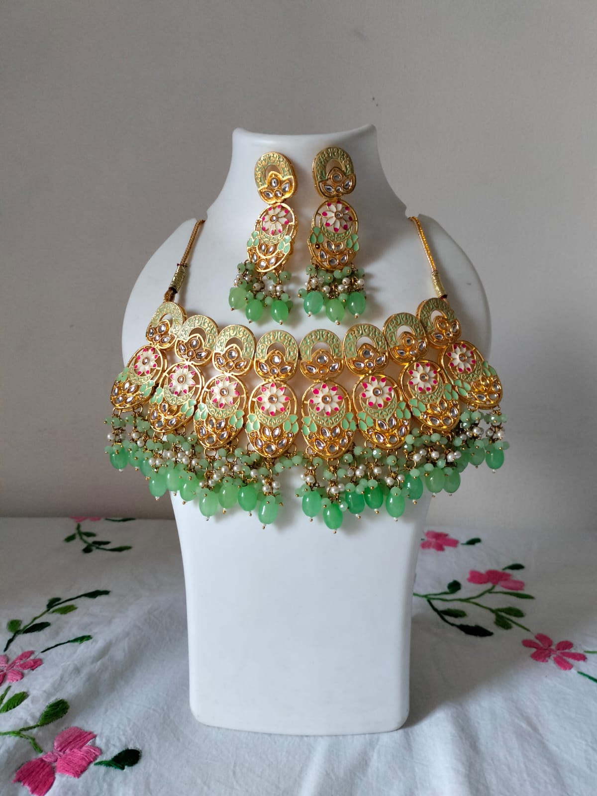 Mint Floral Meenakari Bridal Choker Set