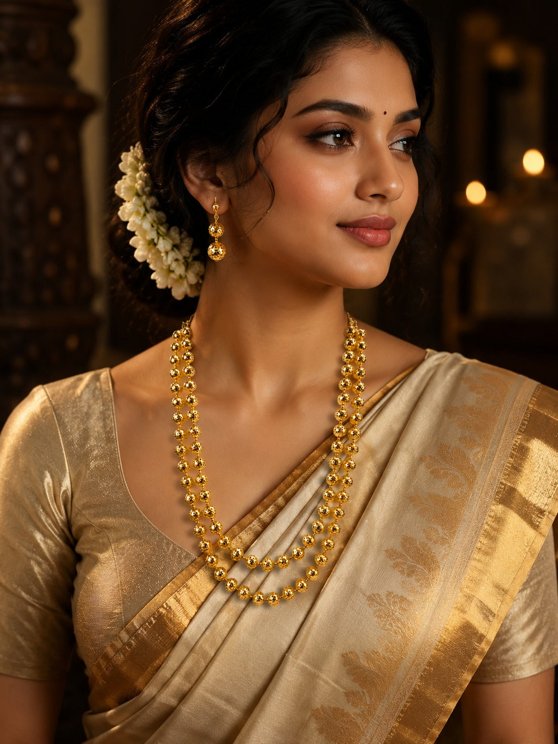 Golden Filigree Bead Layered Necklace Set