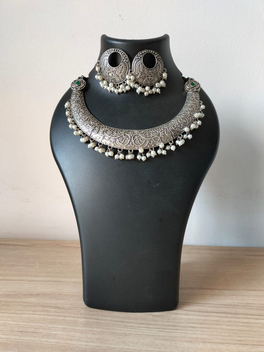 Vintage Oxidized Floral Crescent Set