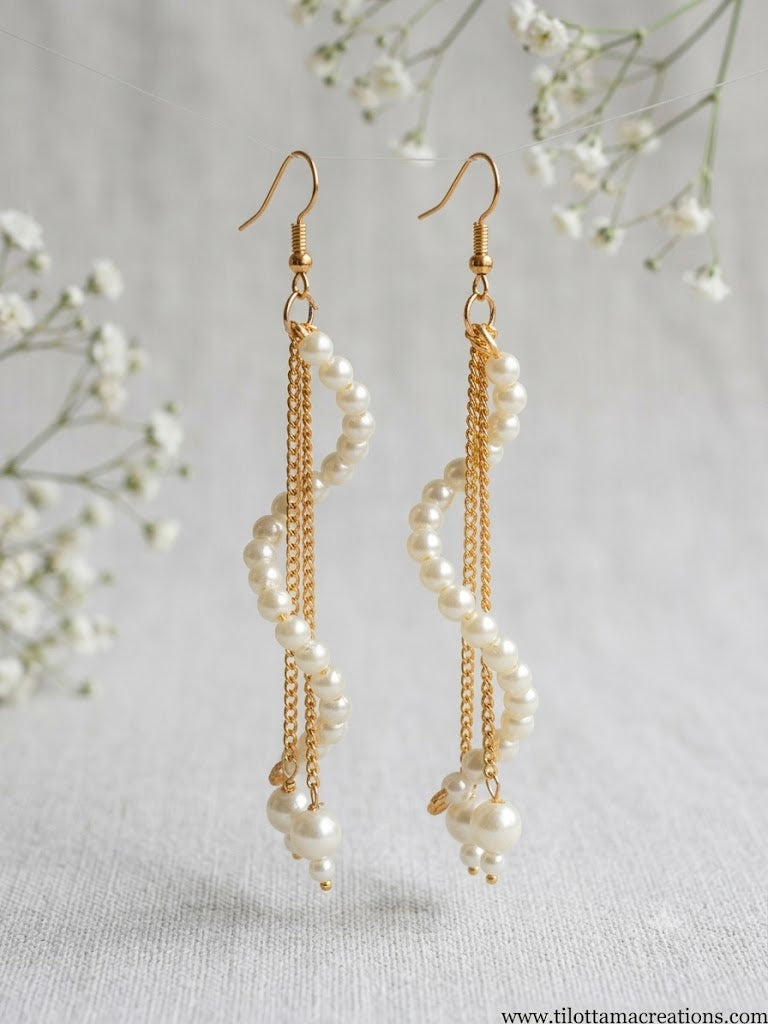 Golden Cascade Pearl Spiral Earrings
