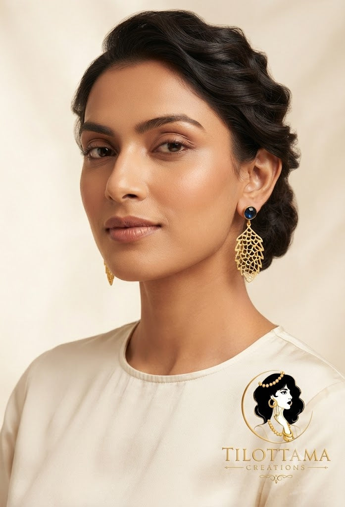 Elegant Gold-Plated Filigree Drop Earrings with Teal Blue Gemstones