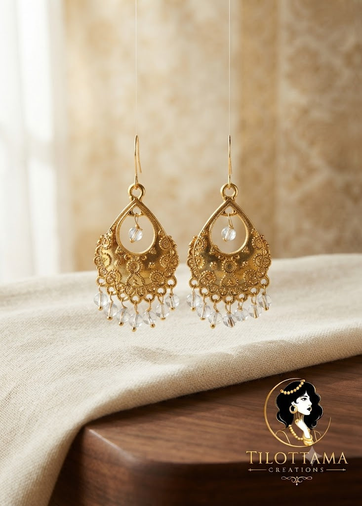 Intricate Gold-Toned Filigree Earrings with Clear Beads