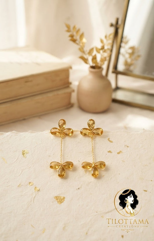 Elegant Yellow Crystal Floral Long Danglers