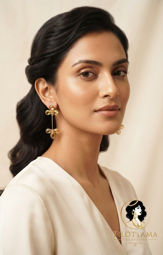 Elegant Yellow Crystal Floral Long Danglers