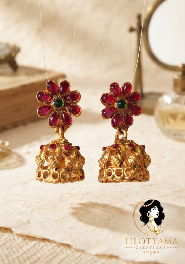 Floral Ruby-Studded Gold-Toned Jhumka Earrings