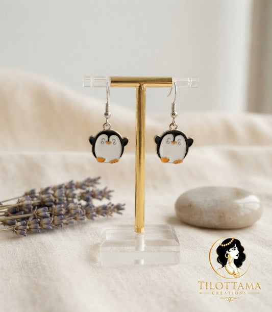 Whimsical Happy Penguin Enamel Earrings