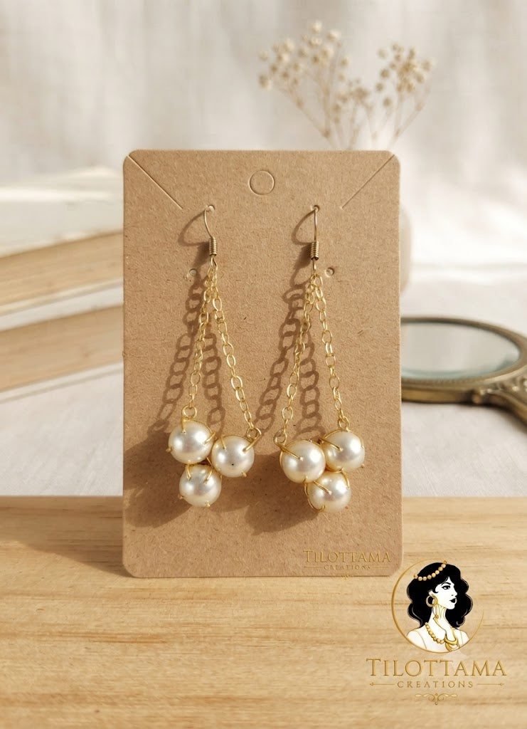 Elegant Gold Chain Pearl Cluster Earrings