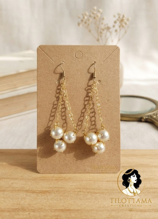 Elegant Gold Chain Pearl Cluster Earrings