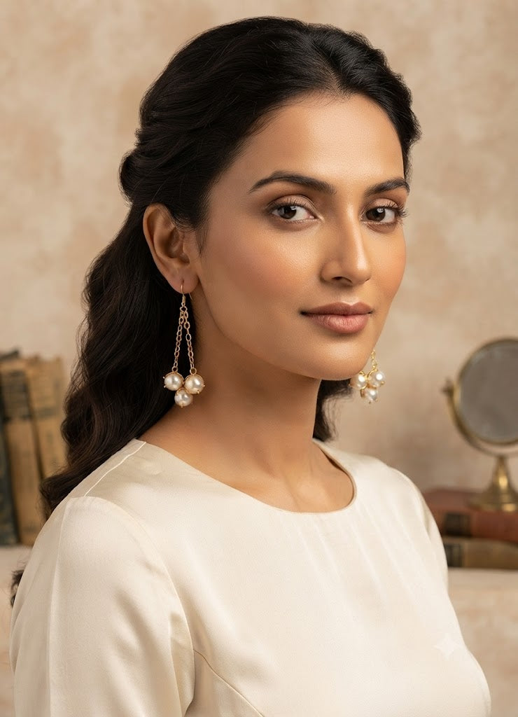 Elegant Gold Chain Pearl Cluster Earrings