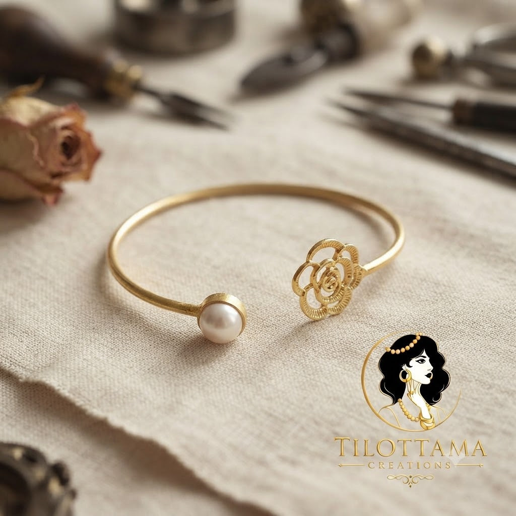 Gilded Rose & Pearl Bypass Bangle