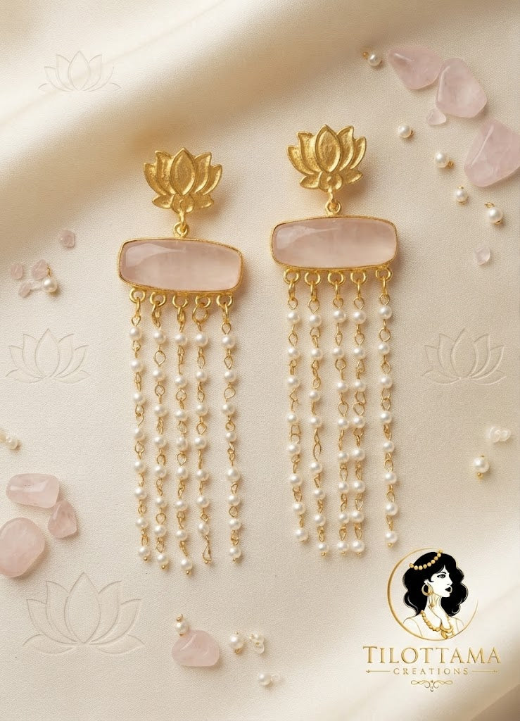 Lotus Motif Pearl Tassel Statement Earrings
