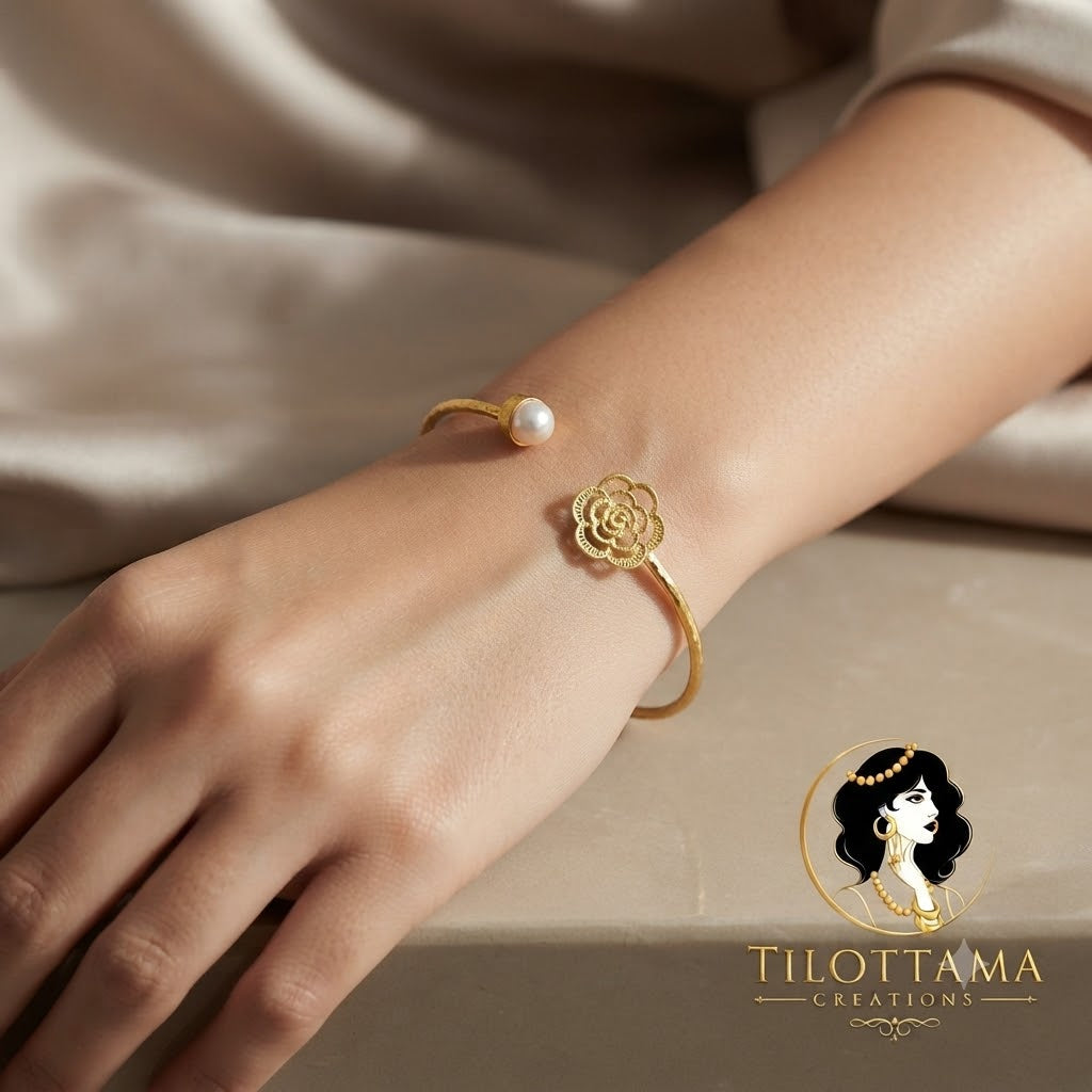 Gilded Rose & Pearl Bypass Bangle