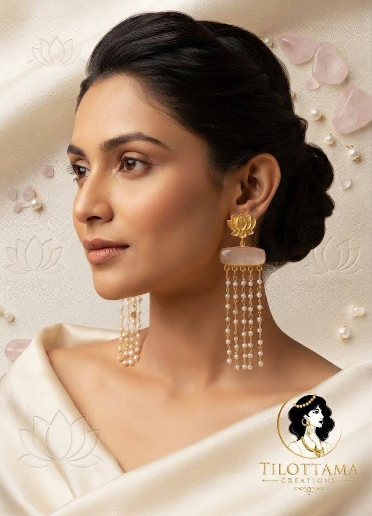 Lotus Motif Pearl Tassel Statement Earrings