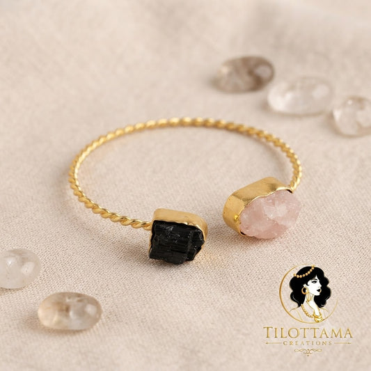 Raw Quartz & Tourmaline Twisted Bangle
