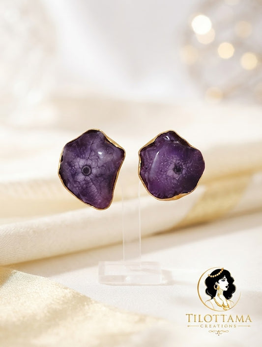 Natural Purple Druzy Stone Studs with Gold Rim