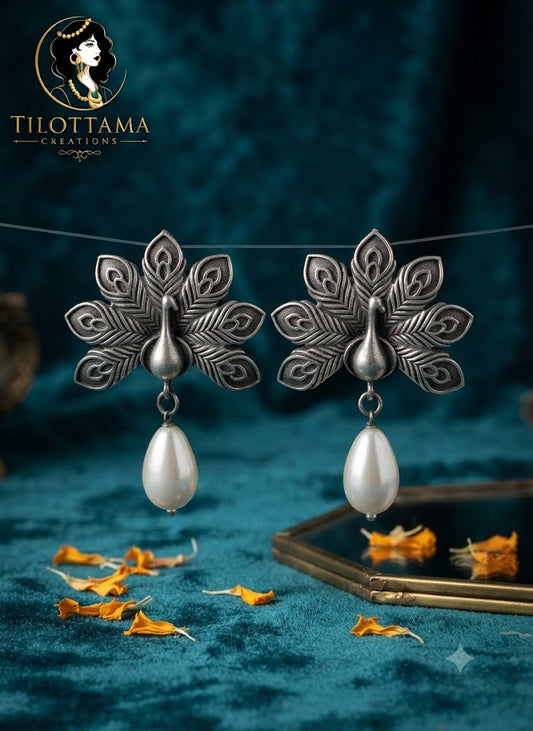 Peacock Majesty Silver Pearl Earrings
