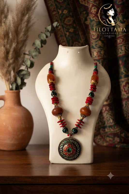 Antique Bronze Medallion with Caramel Amber & Crimson Beaded Necklace