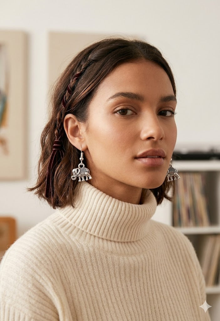 Oxidized Silver Elephant Charm Earrings