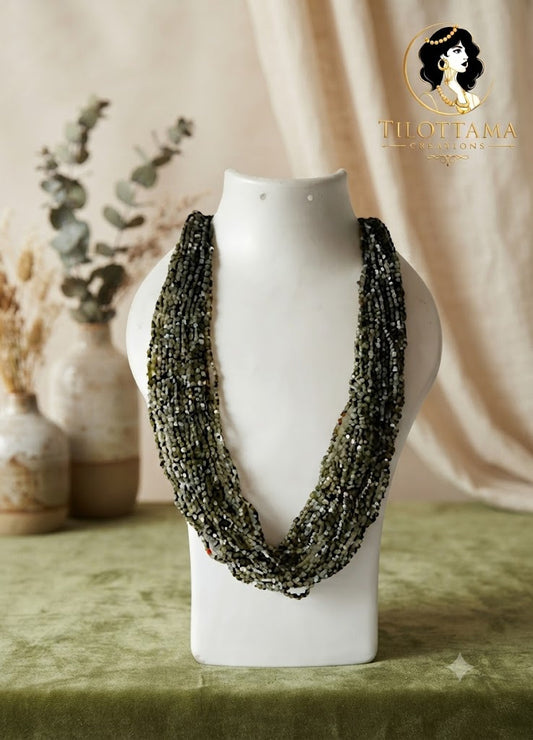 Multi-Strand Moss Green & Charcoal Seed Bead Statement Necklace