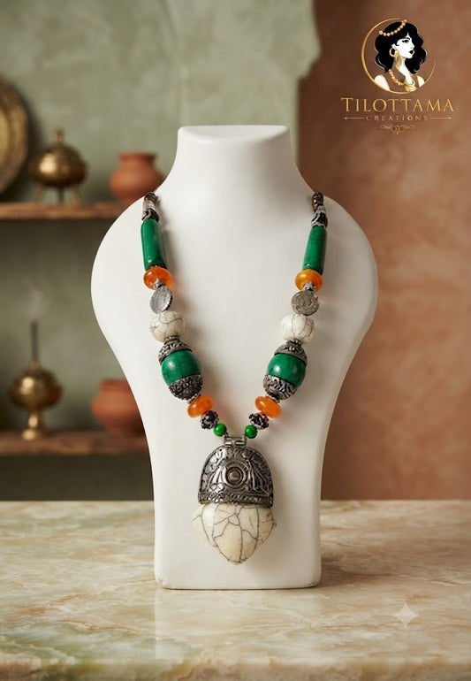 Antique Silver Dome & Marbled Stone Statement Necklace