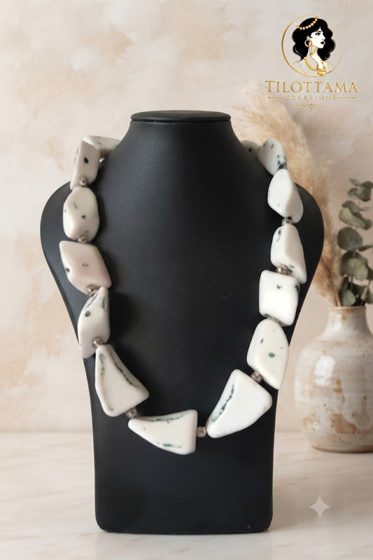 Arctic White Asymmetric Stone-Style Statement Necklace