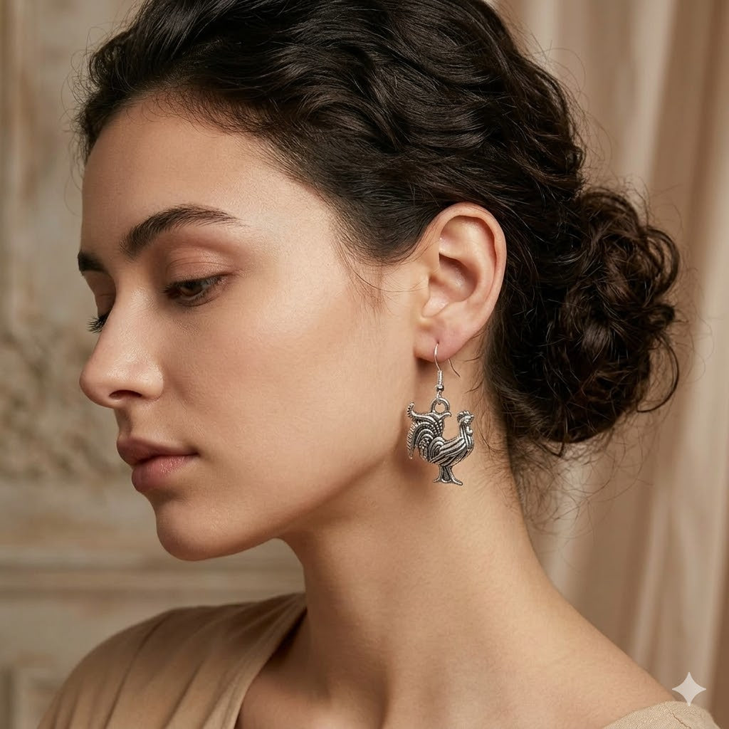 Silver Rooster Charm Earrings
