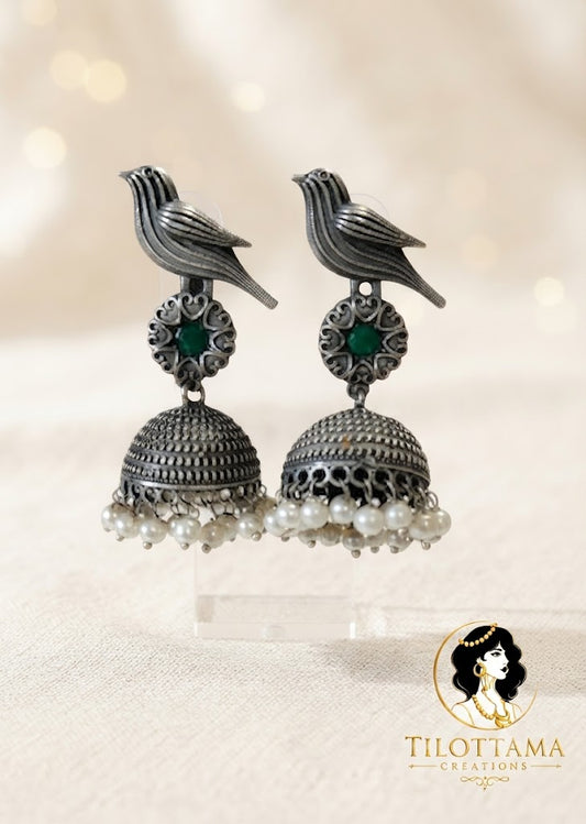 Vintage Silver-Toned Bird & Emerald-Green Jhumkas