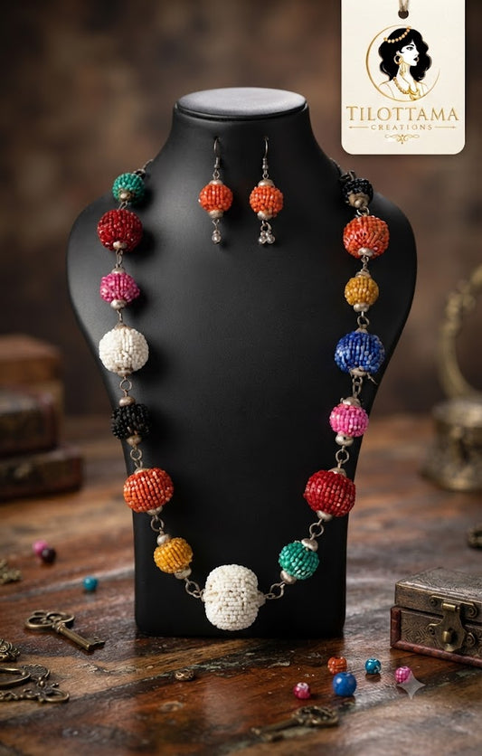 Multicoloured Beaded Sphere Necklace & Earring Set