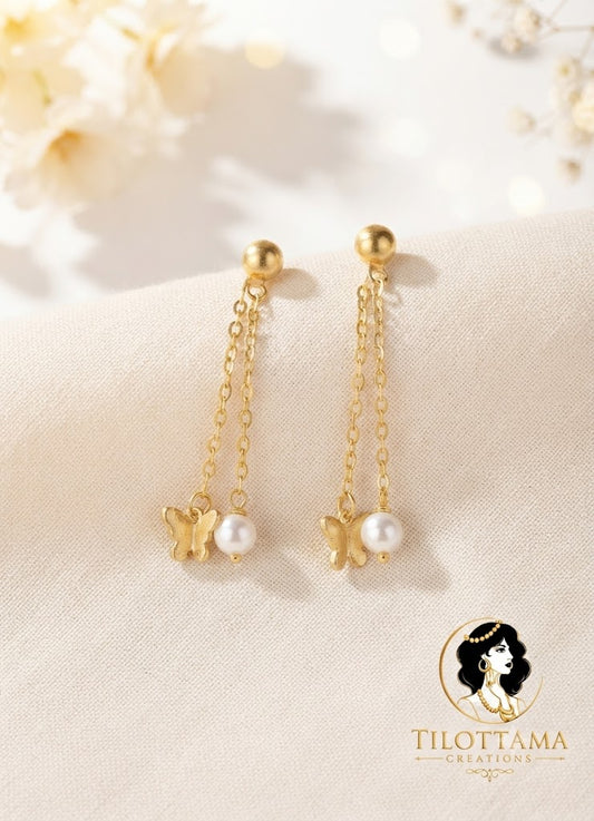 Gold-Toned Long Chain Earrings with Butterfly Accents