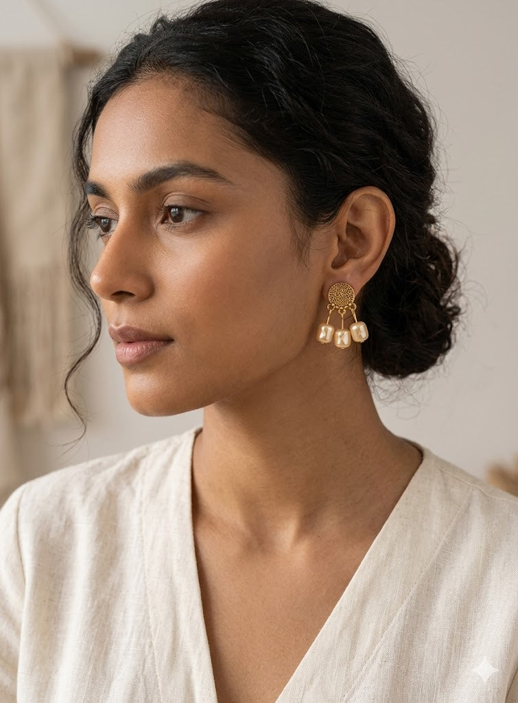 Antique Gold Pearl Barrel Earrings