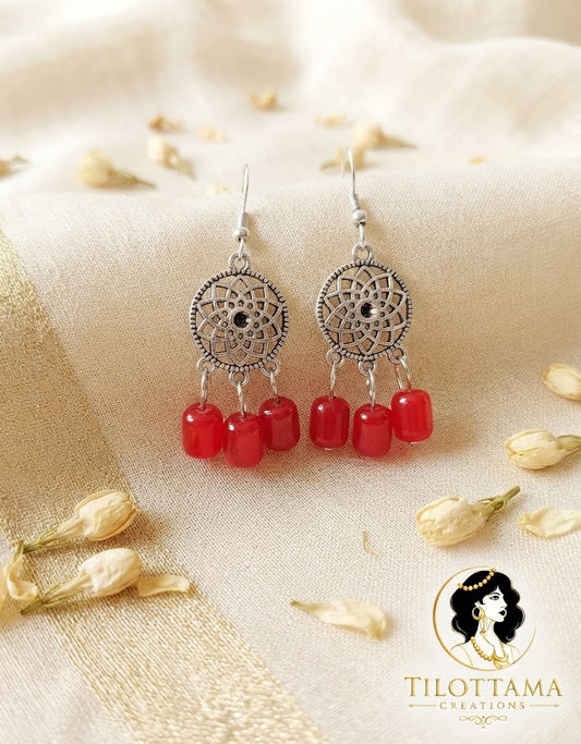 Ruby Red Silver Mandala Dangles